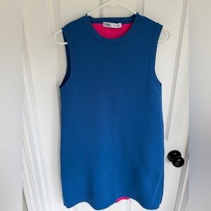 Zara Knit Mini Dress - Blue Crewneck Top with Hot Pink Lining